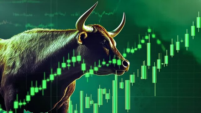 A large bull stands prominently in front of green upward stock market charts, symbolizing financial growth. The green background and chart bars create a dynamic financial theme. The image conveys a