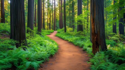 Obraz premium Narrow earthen foot path going through lush green forest of tall dawn redwood trees in natural monument of secuoyas del monte cabezon in daylight
