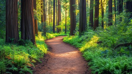 Narrow earthen foot path going through lush green forest of tall dawn redwood trees in natural monument of secuoyas del monte cabezon in daylight