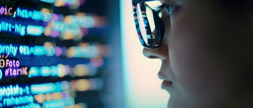 A reflective individual analyzing code and data on a screen with colorful patterns, emphasized by their futuristic glasses.