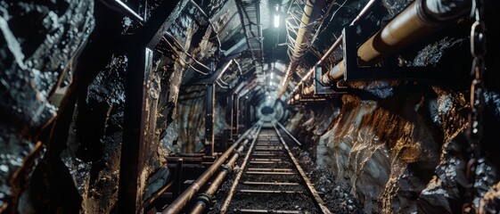 A dark, eerie view of an underground tunnel, with industrial piping and tracks suggesting mining or...