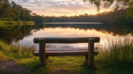 Obraz premium Sunrise Over a Tranquil Lake with a Wooden Bench