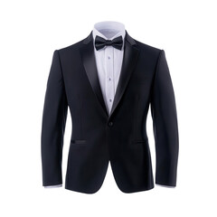 Elegant black tuxedo with a crisp white shirt and bow tie, perfect for formal events and special occasions.