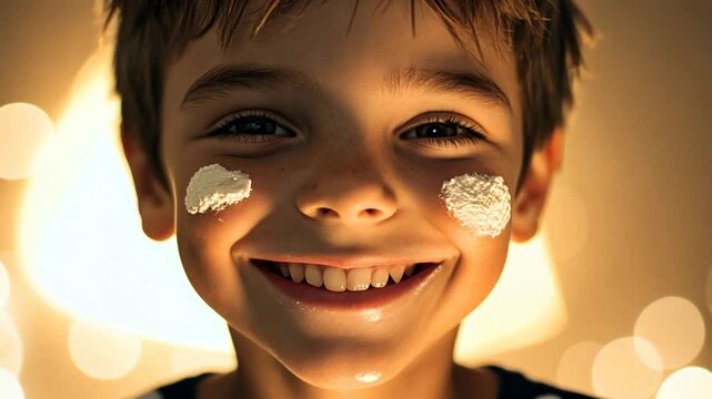 A young Caucasian boy, around 6-8 years old, smiles warmly indoors with cream applied to his cheeks. The lighting is soft and warm, enhancing the cozy atmosphere. The boy's hair is sandy blonde and