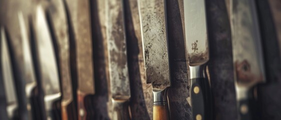 A striking display of rich-textured, diverse knives lined neatly on a rustic surface, exuding craftsmanship and precision perfect for culinary enthusiasts.