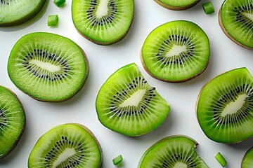 Fototapeta premium Fresh Sliced Kiwi Fruit Pattern on White Background - Vibrant Green, Healthy Eating Concept