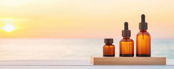 Chic wooden podium overlooking an ocean sunset, refined treatment bottles with minimalist design, the scenic backdrop creating a serene and luxurious ambiance, treatment beauty