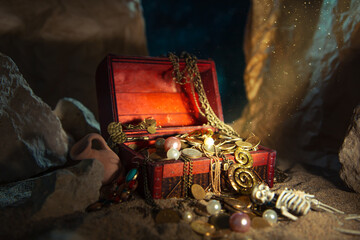 Open old wooden treasure chest on sand in cave.