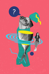 Vertical collage 3d pinup pop retro sketch image of smiling lady asking questions unsure fish...