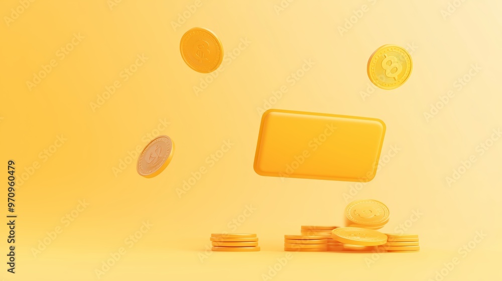 Poster golden coins and a bar appear to float against a soft yellow background, symbolizing wealth and abun