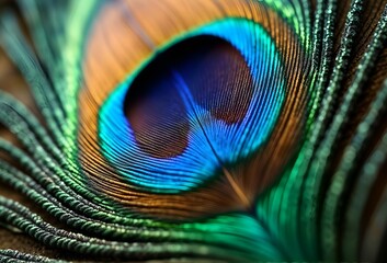 Obraz premium Close-up of Vibrant Peacock Feather Displaying Iridescent Colors and Intricate Patterns