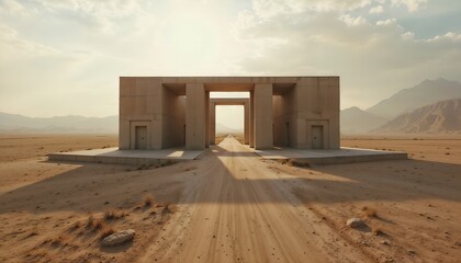 Dirt Road Leading to a Solitary Building in the Desert with Clear Blue Sky