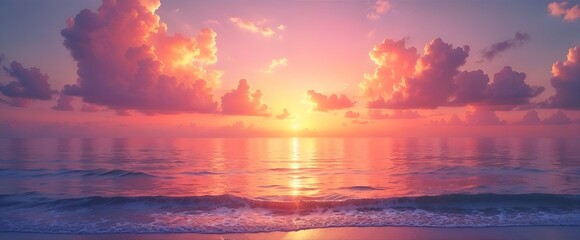 Breathtaking Sunset Over the Ocean with Vivid Clouds and Soothing Waves