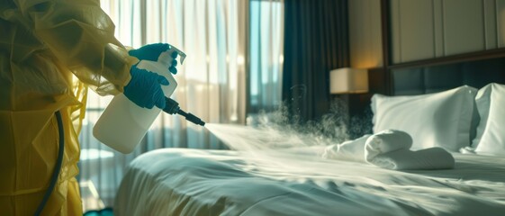 A hotel room disinfected with thorough care, featuring a bed being treated with cleaning spray in protective gear, maintaining high hygiene standards.