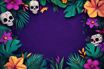 Dia de los muertos wallpaper background. Purple invitation card template design with empty space for text. Traditional festival decoration with flowers and calavera or sugar skull.