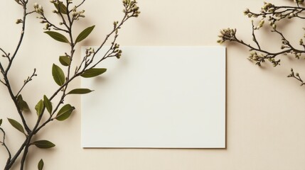 White paper blank tree branch on beige background. Motivation quote card on beige table. Just keep going