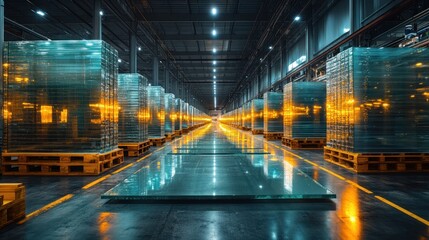 Glass Manufacturing Warehouse with Stacks of Glass Panels