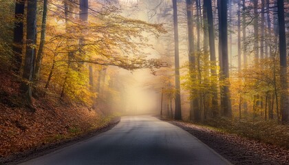 Obraz premium A tranquil forest road shrouded in mist, with autumn foliage in shades of gold and orange