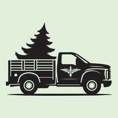 A truck with a Christmas tree in the black Vector, styled in a way reminiscent of Christmas, while maintaining a clean and simple black silhouette design.