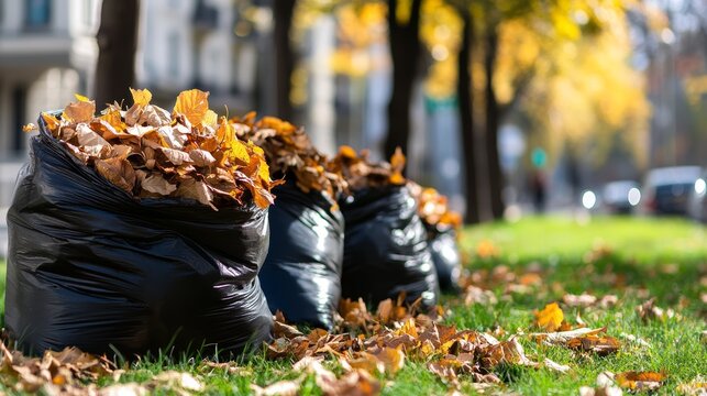 Black plastic bags with tree leaves. There are large black plastic garbage bags filled with fallen dried leaves on the grass. Seasonal cleaning of city streets from fallen leaves. Cleaning