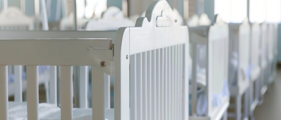 A close-up view of neatly arranged white cribs in a bright nursery, each bed painted in soft pastel hues, evoking a sense of care and cleanliness.
