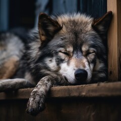 Sad homeless wolf dreaming about home.