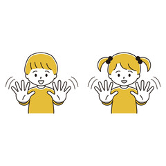身体の前で手を振る男の子と女の子のイラストセット