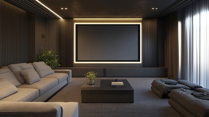 A modern living room with a large screen TV, grey sofa, and a coffee table.