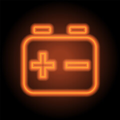 Battery accumulator simple icon. Flat design. Orange neon on black background
