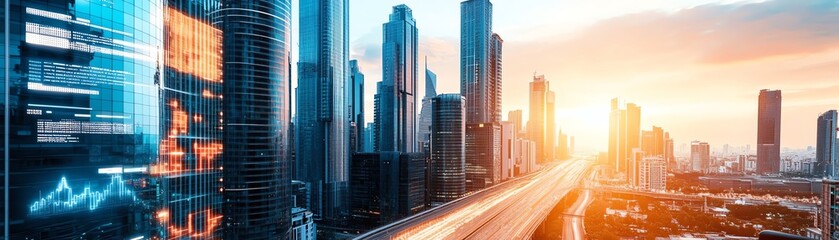 Obraz premium Stunning skyline view during sunset, showcasing modern buildings and vibrant city life. Perfect for urban and business themes.