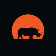Silhouette of a rhinoceros against a striped retro sunset. Original vector illustration in vintage style isolated on light background. T-shirt design.