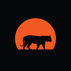 Silhouette of a tiger against a striped retro sunset. Original vector illustration in vintage style isolated on light background. T-shirt design.