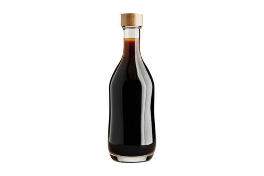 Bottle of soy sauce with a golden cap isolated on a white transparent background. Condiment concept.