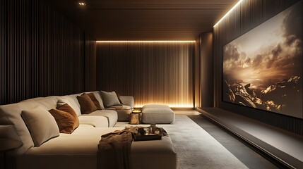 A modern home theater with a large screen displaying a picture of a rocky landscape,  a sectional couch, and a white rug.