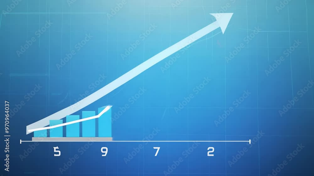 Poster a bar graph with an upward arrow showing growth and progress over time on a blue background.