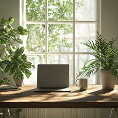 Fototapeta premium Minimalist Home Office with Natural Light and Modern Design