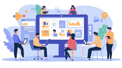 People working on a project together around a large computer screen.