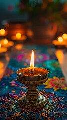 Photo of Diwali candles on a mandala pattern, against a red background