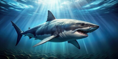 Fototapeta premium A menacing megalodon shark prowling the depths of the ocean , prehistoric, predator, underwater, hunting, ocean, giant