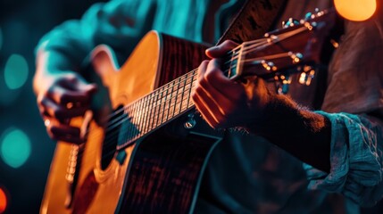 Fototapeta premium Close-up of a Musician Playing Acoustic Guitar