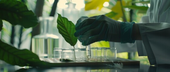 A scientist in gloves pours liquid onto a green leaf sample in a serene, plant-filled lab environment, embodying dedication and scientific inquiry in botany.