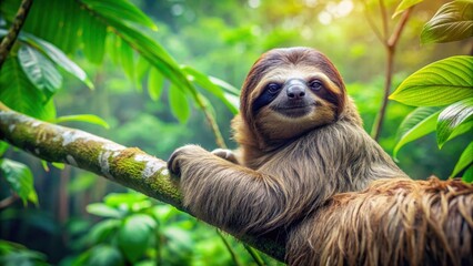 Fototapeta premium Sloth relaxing in a lush, green forest , jungle, lazy, cute, wildlife, mammal, tranquil, nature, hanging, adorable, slow, habitat