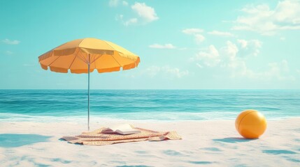 A beach umbrella casting shade over a cozy towel and a good book, with a beach ball nearby