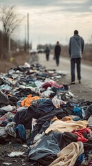 Obraz premium A pile of , T-shirts, and hoodies thrown by the highway in front of an industrial waste dump