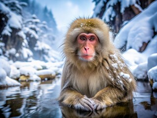 Adorable Japanese macaque monkey, also known as snow monkey, sitting in a hot spring in the Japanese Alps, surrounded by snow-covered trees.