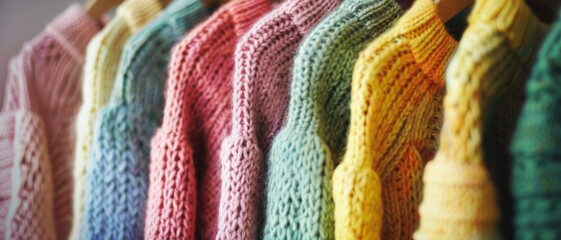 A vibrant collection of knitted sweaters in various pastel colors neatly arranged on hangers, showcasing intricate textures and cozy materials.