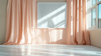Illuminated tranquility in a sunlit room with gentle curtains and soft shadows at dawn