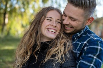 Happy couple smiling and embracing outdoors in nature – Love and romance