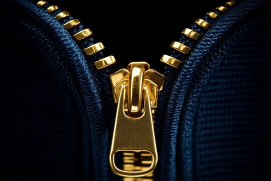 This image portrays a close-up view of a navy blue zipper with golden teeth, highlighting the detailed texture and metallic sheen of the zipper pull and teeth.