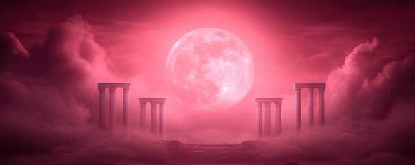 Fototapeta premium A stunning and enigmatic nighttime scenery is created when ancient ruins are illuminated by an unsettling red moon under a crimson sky.